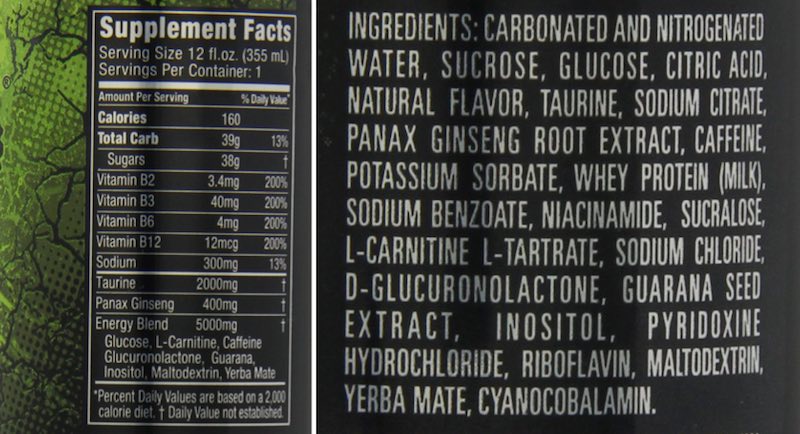 monster energy drink nutrition label