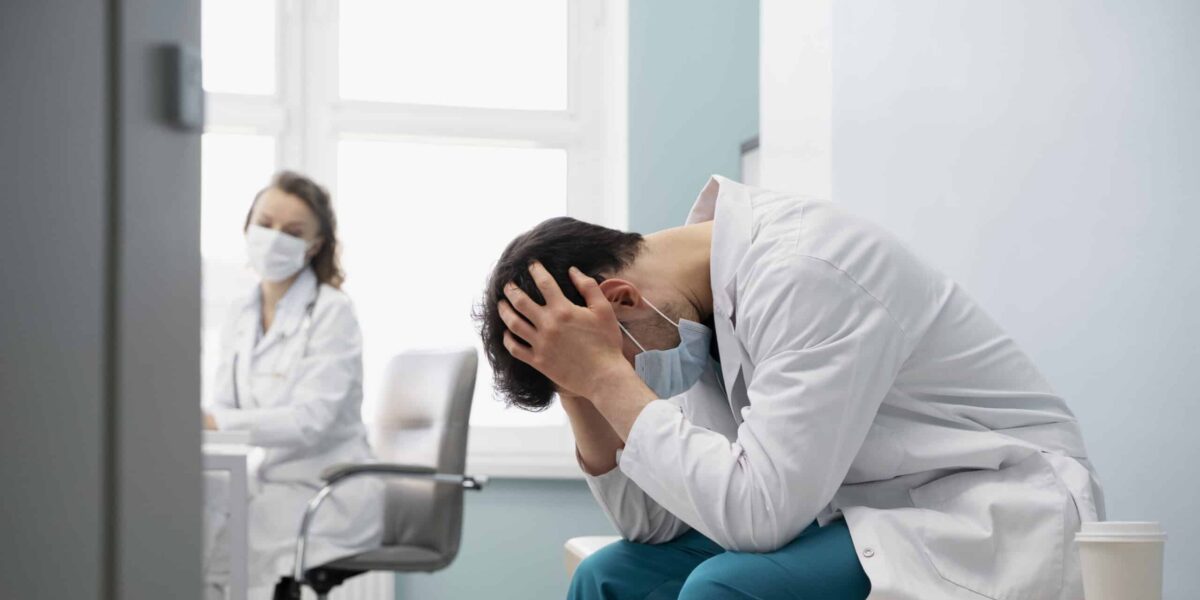 This is an image of a doctor who broke down crying outside the hospital after losing a 19-year-old patient.